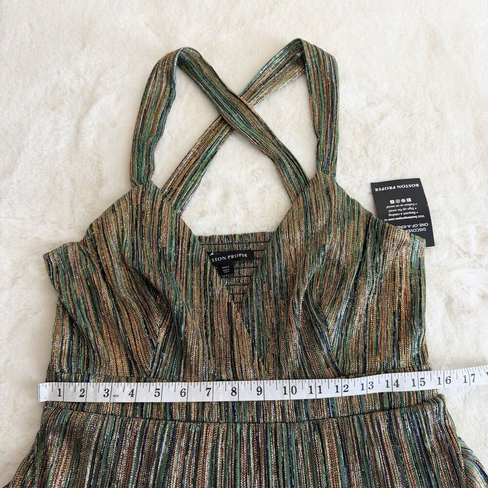 Boston Proper Metallic Green Gold Maxi Dress V-Neck NWT Women’s L - Picture 9 of 14